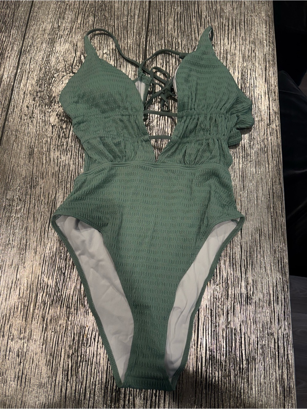 SHEIN Sage Green Smocked One-Piece Swimsuit with Lace-Up Back